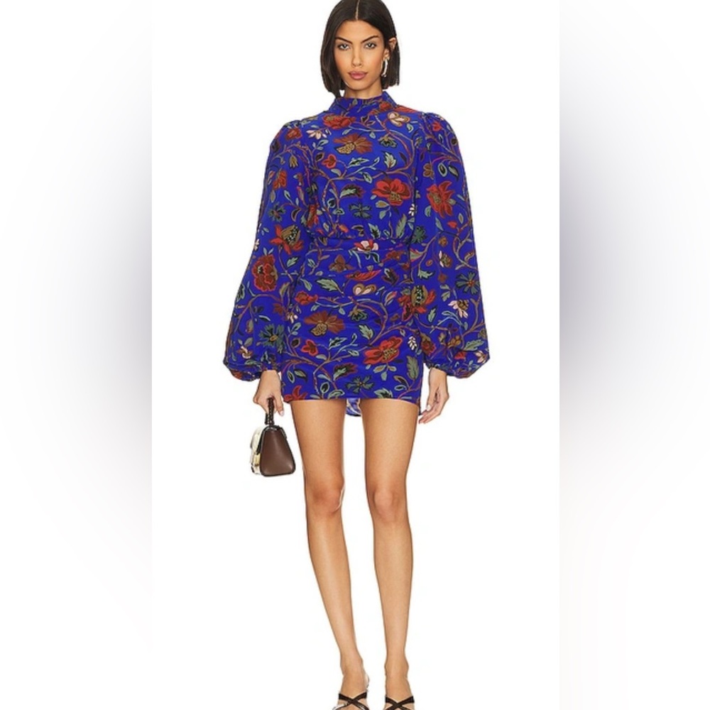 RHODE Luke Floral Cocktail Dress Size Blue Bishop Sleeve Ruched Mock Neck